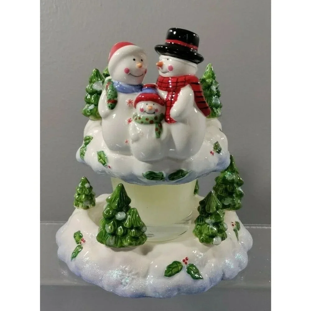 NEW HOME INTERIORS 2 PIECE SNOWMAN DECORATIVE CANDLE JAR TOPPER & BASE HOLDER